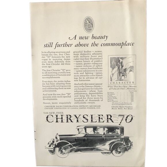 Vintage 1927 Chrysler 70 Above the Commonplace Ad Advertisement - Picture 1 of 5